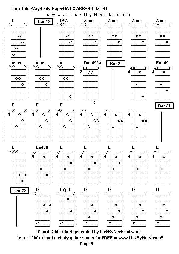 Chord Grids Chart of chord melody fingerstyle guitar song-Born This Way-Lady Gaga-BASIC ARRANGEMENT,generated by LickByNeck software.